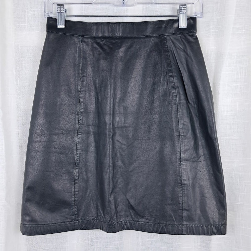 Wilsons Suede & Leather Vintage 80s Black Genuine Leather Mini Skirt Sz 10